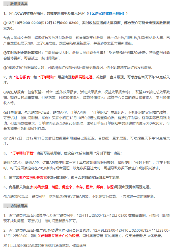【官方通知】双12数据展现和功能影响说明