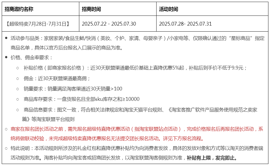 7月淘宝联盟【超级特卖】官方补贴活动