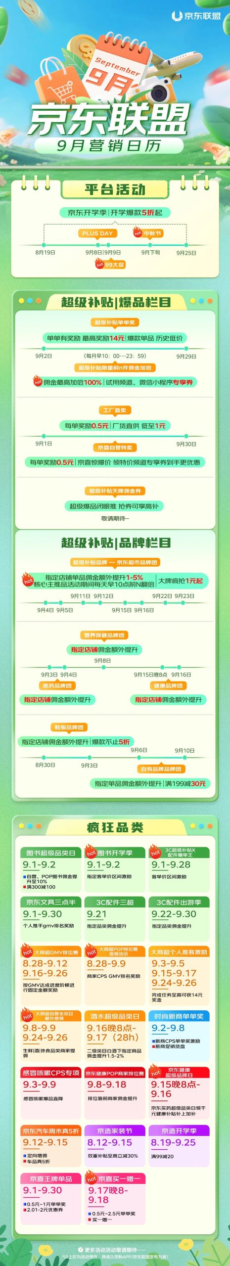京东联盟9月营销日历来啦~佣金超级加倍，激励超级多~~
