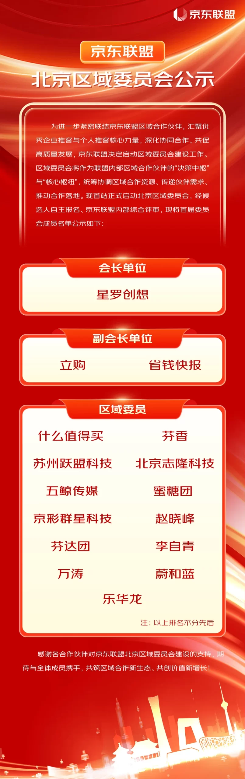 恭喜！京东联盟北京区域委员会公示